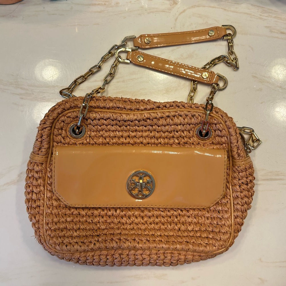 Tory Burch Woven Straw Crossbody Bag with Tan Patent Trim